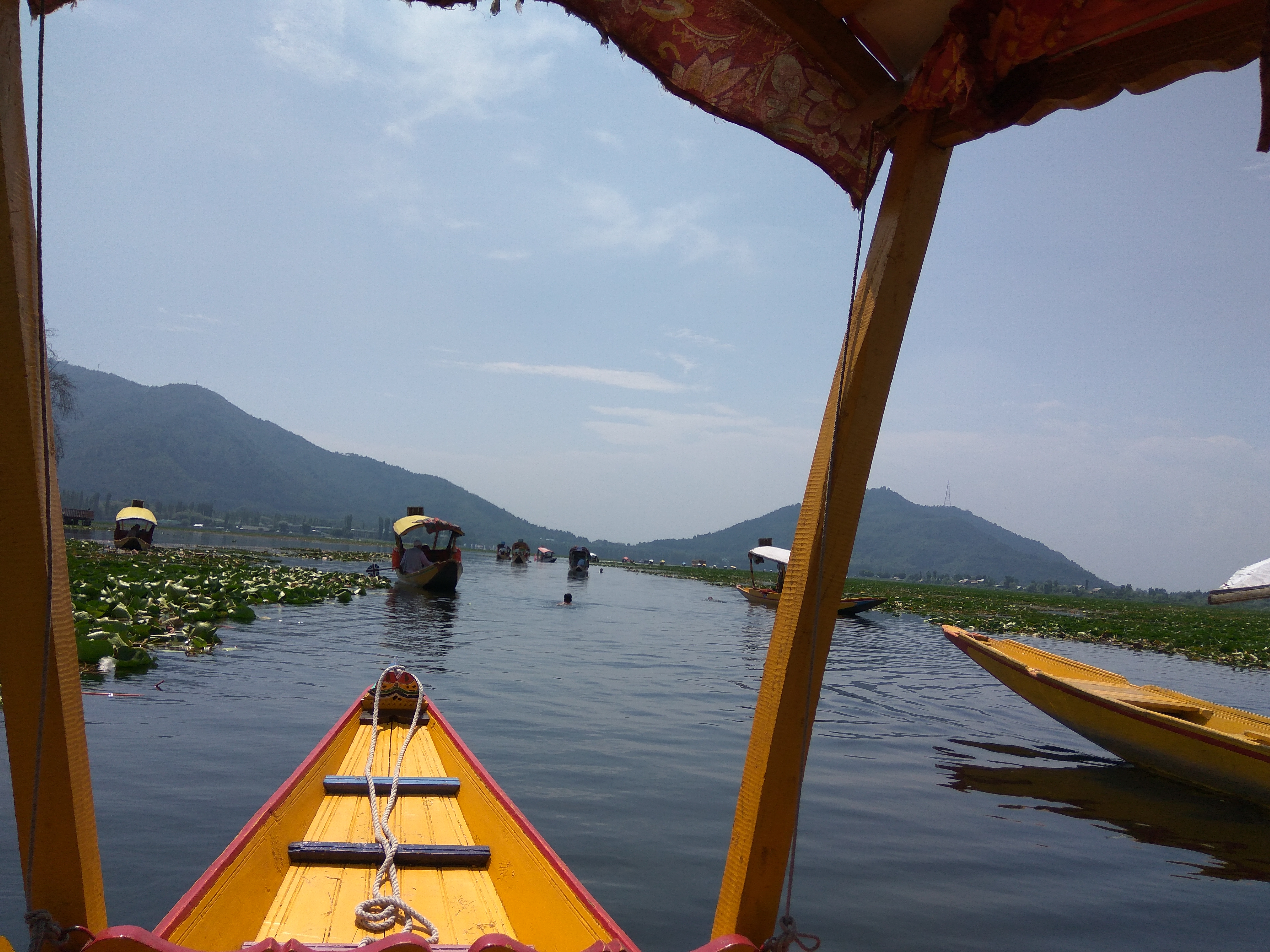 Boats in line escorting the swimmers throughout the lake that contain biscuits and juice to feed the swimmers or pull those out who can't continue or are unable to complete the swim.